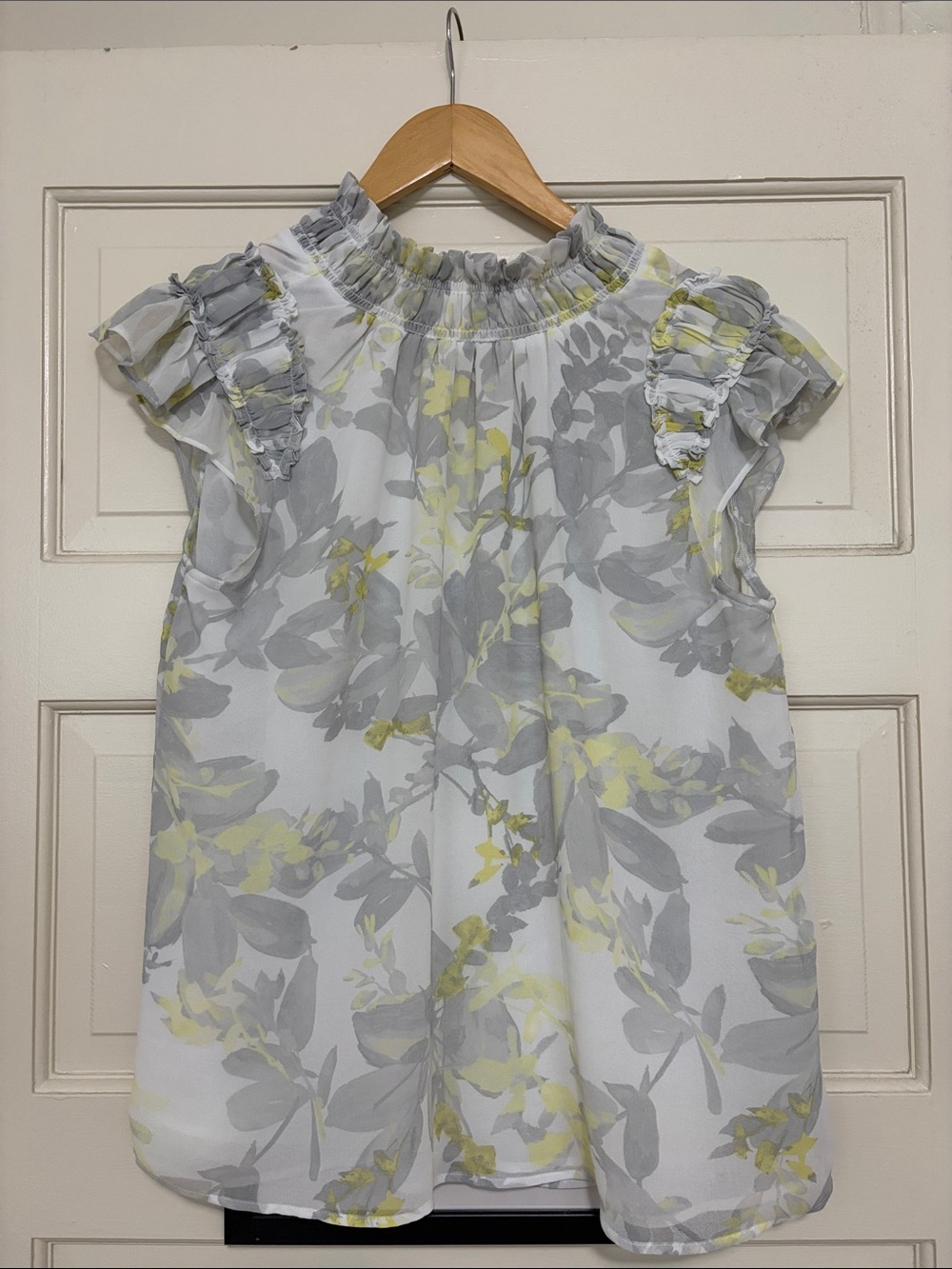 Calvin Klein Girls' White Floral Ruffle Neck Top with Gray & Yellow Print